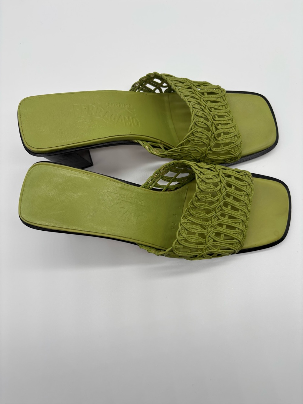 Salvatore Ferragamo Olive Green Braided Slide Mules - Picture 3 of 7